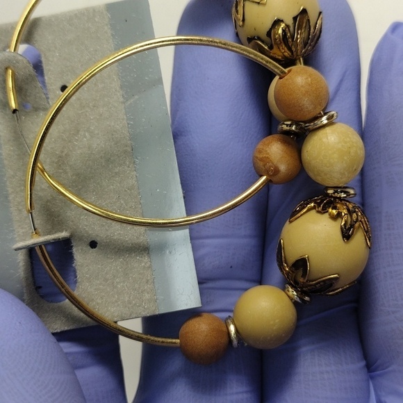 Boho Beaded Hoop Earrings – Natural Wood Look Beads, Gold-Tone Wire – Jewelry #4 - Picture 6 of 6